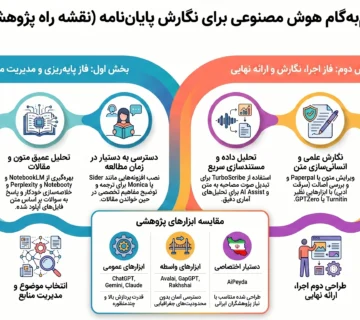 اینفوگرافیک هوش مصنوعی برای پایان نامه و نقشه راه نگارش پایان‌نامه از انتخاب موضوع تا دفاع با ابزارهای پژوهشی هوشمند