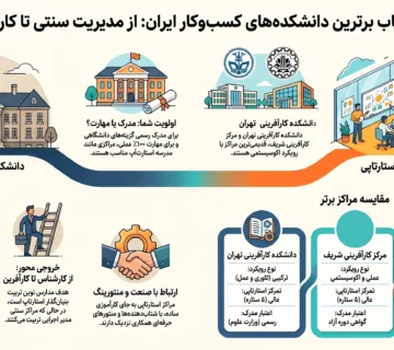 اینفوگرافیک دانشکده کسب و کار و مقایسه دانشکده‌های مدیریت سنتی و استارتاپی برای انتخاب بهترین مسیر کارآفرینی در ایران