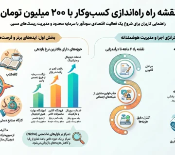 اینفوگرافیک کسب و کار با ۲۰۰ میلیون؛ معرفی ایده‌های پول‌ساز، نقشه راه ۶ ماهه راه‌اندازی کسب‌وکار، مدیریت سرمایه و استراتژی کاهش ریسک